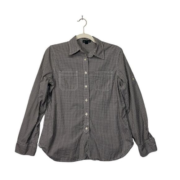 Lauren Ralph Lauren Button Up Top Womens  Size M Plaid Flip Cuff Black green tag - Picture 1 of 16